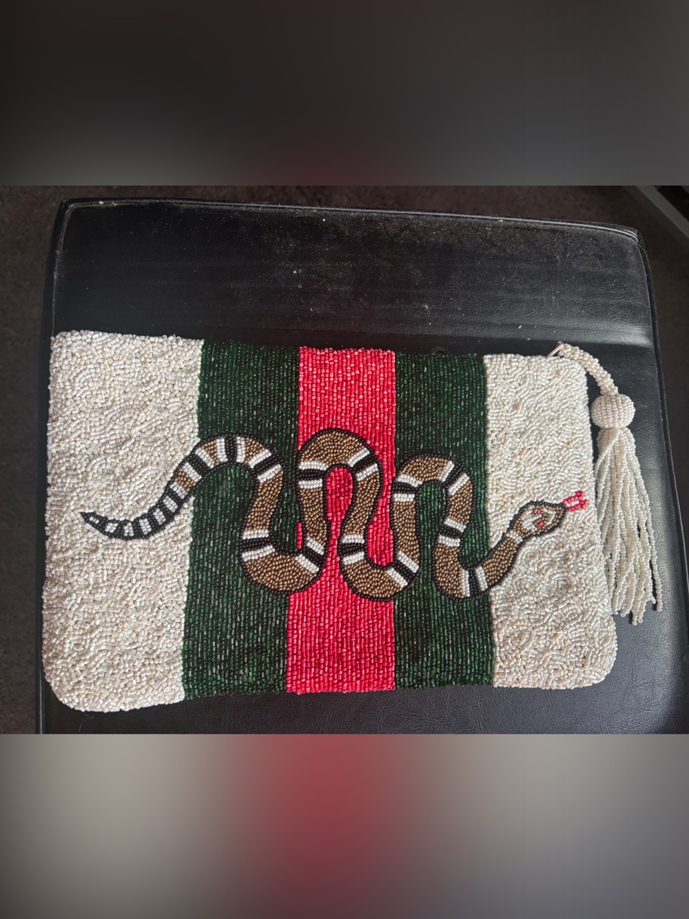 Beaded Snake Accent Pouch in Cream, Green & Red